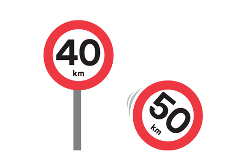 Skiltning der viser en hastighedsnedsættelse fra 50 til 40 km/t. 