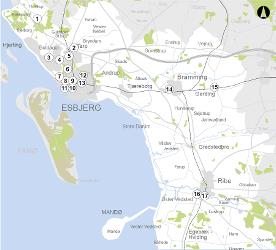 Kort der viser de 17 udpegede områder i kommunen. 