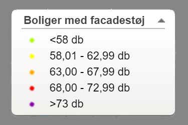 Signaturforklaring til støjkort: Grøn <58 db, gul 58,01-62,99 db, orange 63-67,99 db, rød 68-72099 db og lilla >73 db. 