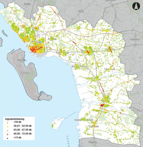 Kort over støjbelastede boliger i Esbjerg Kommune