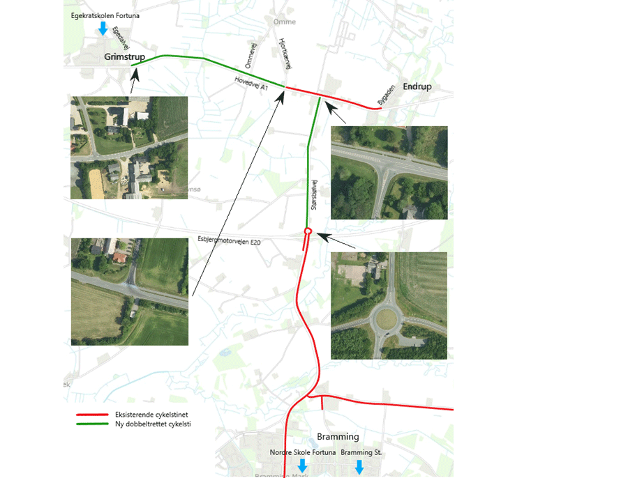 Cykelstiprojektets strækninger (markeret med grøn) samt de eksisterende cykelstier (markeret med rød). Kortet samt luftfotos illustrerer, hvordan de nye cykelstier vil skabe sammenhængende cykelstiforbindelser mellem Grimstrup, Endrup og Bramming. 