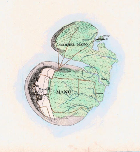 Historisk kort over Mandø fra ca.1842-1988